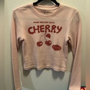 Pink Long Sleeve Cherry Graphic waffle material Top